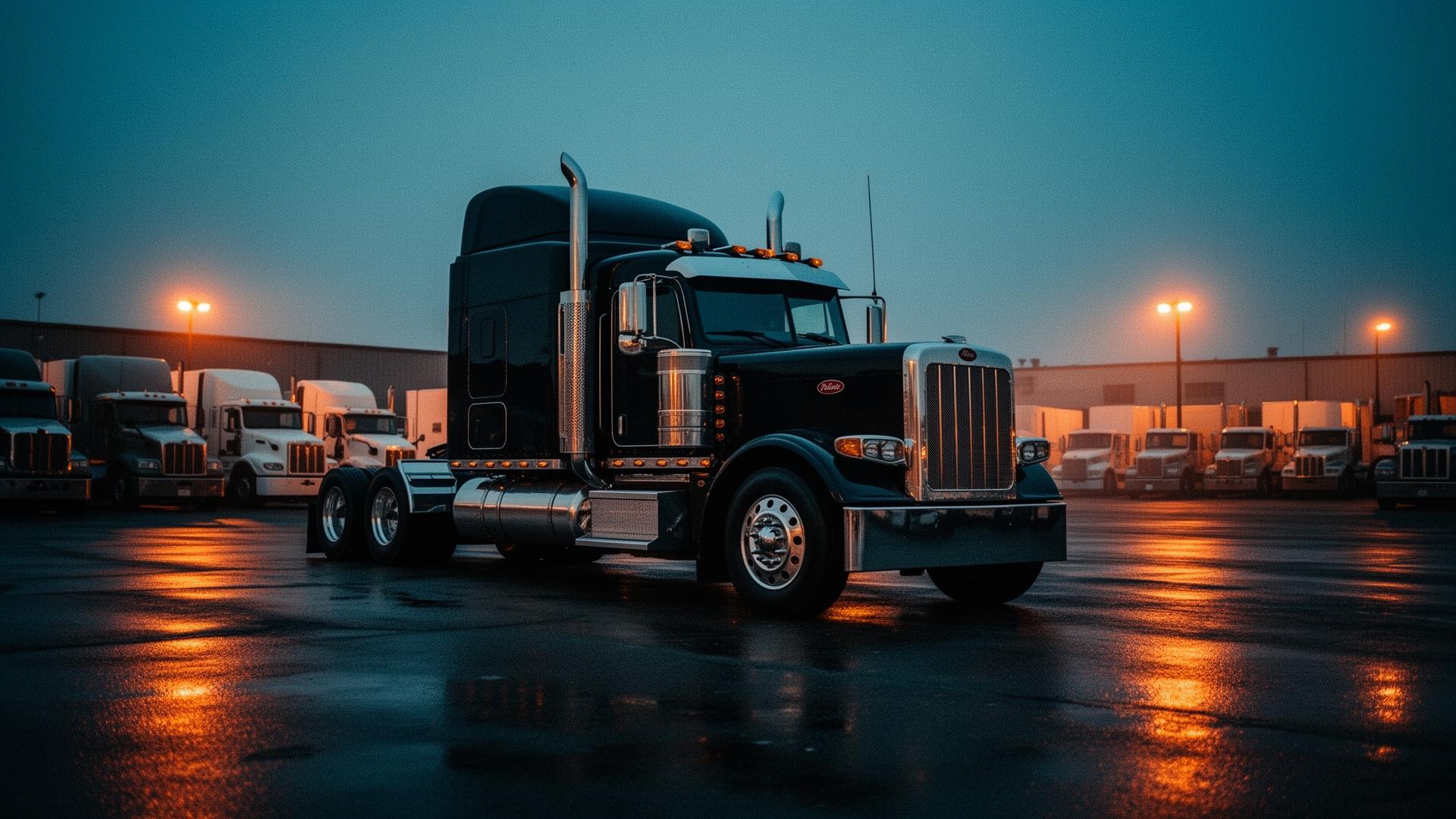 Heavy-duty diesel tractor at a Southern California fleet yard at dusk